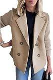 ebossy Women's Double Breasted Wool Pea Coat Notched Lapel Ribbed Knit Long Sleeve Sweater Short Blazer Jacket (S, Khaki)