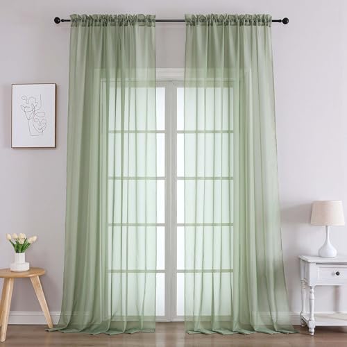 Image of Chyhomenyc Extra Long Sage Green Sheer Curtains 120 Inches Long 2 Panels, Light Filtering Green Curtains for Living Room, Soft Gentle Voile Rod Pocket Bedroom Window Drapes, 59Wx120L Inch, 10FT, 2PCS