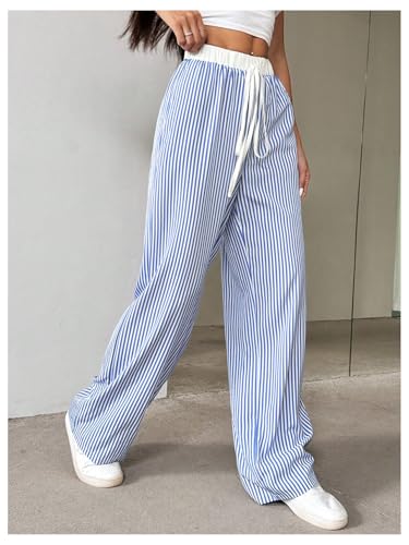 WDIRARA Women's Loose Casual Elastic Drawstring Waist Trousers Striped Wide Leg Pants4