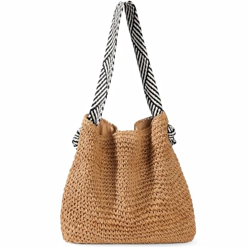 fauson Bolsa de ombro feminina de palha de verão para praia, bolsa de palha tecida à mão, verde, Verde