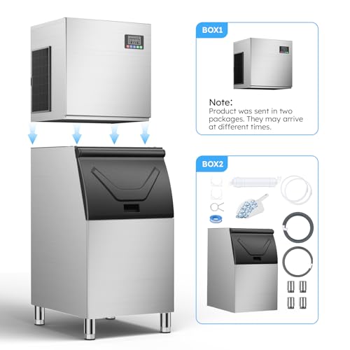 Image of Commercial Ice Machine 550LBS /24H,Storage 400LBS,Large Industrial Ice Maker,Ice Ready in 5-15min,with Self-Cleaning Mode,with Timing Function,30 Levels of Ice Thickness Adjustment,Stainless Steel