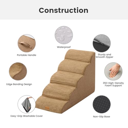 Image of Gardner Pet Dog Stairs for Small Dogs 22.8 inch H, 5-Step Brown Curved Pet Stairs, Dog Steps for High Bed, Couch (24-30 in) with Durable Non-Slip Waterproof Fabric Cover and CertiPUR-US Certified Foam