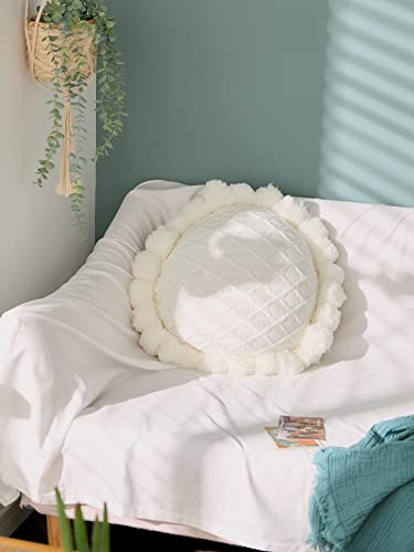 AUSTINCIAGA - Funda de cojín decorativa redonda de punto con almohada hecha a mano con pompones con flecos, color puro y suave (45 cm de diámetro) Cover