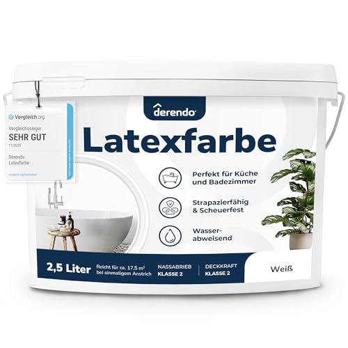 derendo Latexfarbe weiß matt abwaschbar 2,5L für Innen Küche Badezimmer streichen weiße Latex Wandfarbe hohe Deckkraft