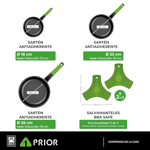Variante de BRA sarten Set 18/22/26 cm con salvamanteles verdes