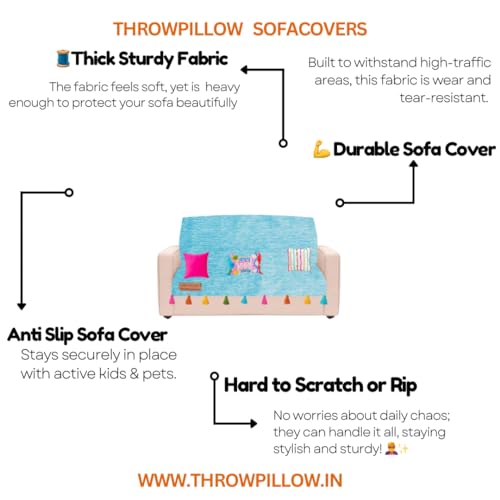 Image of Blue Sofa Cover Multicoloured Tassels: Sofa Slipcover: Thick Fabric, Scratch Resistant, Stylish & Functional: Seat & Front Back Protection -Set of 3 Covers- 4 Seater Sofa Cover Set (2+1+1 Seater)