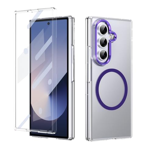 Galaxy Z Fold 7 5G用ケース 透明マグネットカバー マグネット吸着 強化ガラス保護(紫の)