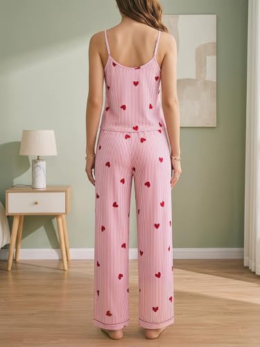 Image of Women's Cute Heart Print Striped Pajama Set 2 Piece V Neck Cami Top and Pants Lounge Sets Sleepwear