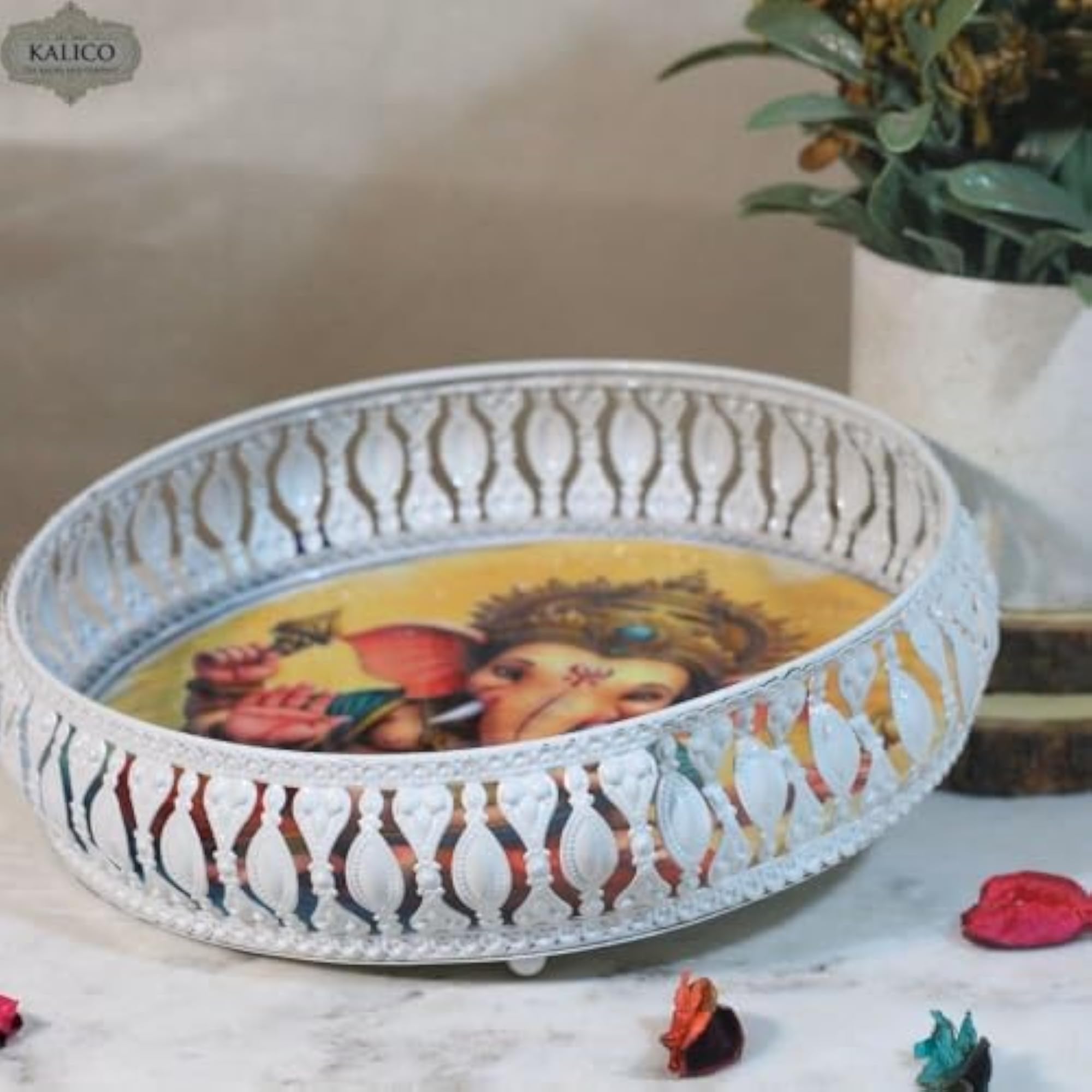 Ganesha Decorative Basket, White Metal, Round Shape