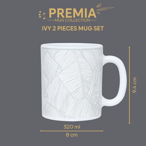 Image of Larah by BOROSIL 320ml x 2pc Opalware Ivy Tea /Coffee Mug Set, Microwave & Dishwasher Safe Embossed Design Crockery Ideal for Daily Use & Gifting