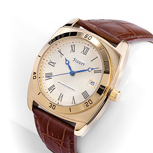 Stauer Timemaster Piezo Watch For Men – Gold-Finished Analog Watch W/Stainless Steel Watch Case Back, Tough Alloy Case – White Dial Gold Watch W/Genuine Brown Leather Watch Strap – Luxury Gift For Men #TOP1