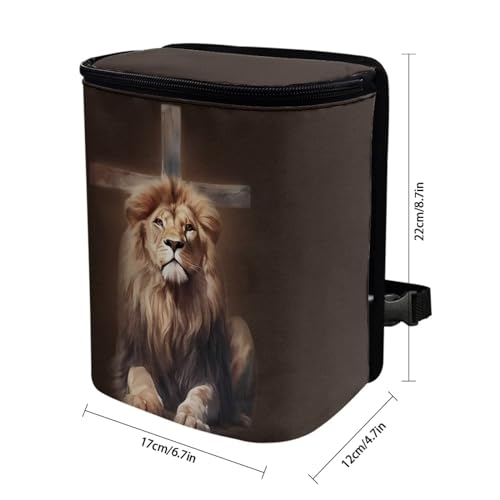 Image of Talayituse Lion Cross Print Car Trash Can with Lid, Leak Proof Auto Trash Bag Hanging Vehicle Garbage Can Multipurpose Storage Container for Back Seat Road Trip