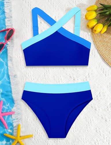 Image of Girls Swimsuits 2 Piece Bikinis Set Colorblock Bathing Suits Criss Cross Strap Girls' Swimwear