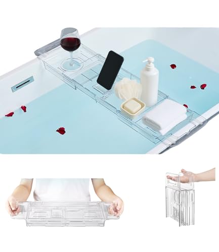 Bathtub Caddy Tray,Adjustable Bathtub Tray Table, Bath Organizer for Relaxing Spa-Features 2 Cup Holders, A Phone Stand with 5 Angle Adjustments,Non-Slip Silicone Pads,Won't Get Moldy,Easy to Clean.