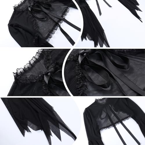 Image of Women Gothic Crop Top Shirt Y2K Black Bell Sleeve Shawl Cardigan