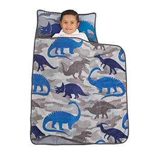 Blue and Grey Dino Toddler Nap Mat with Pillow and Blanket