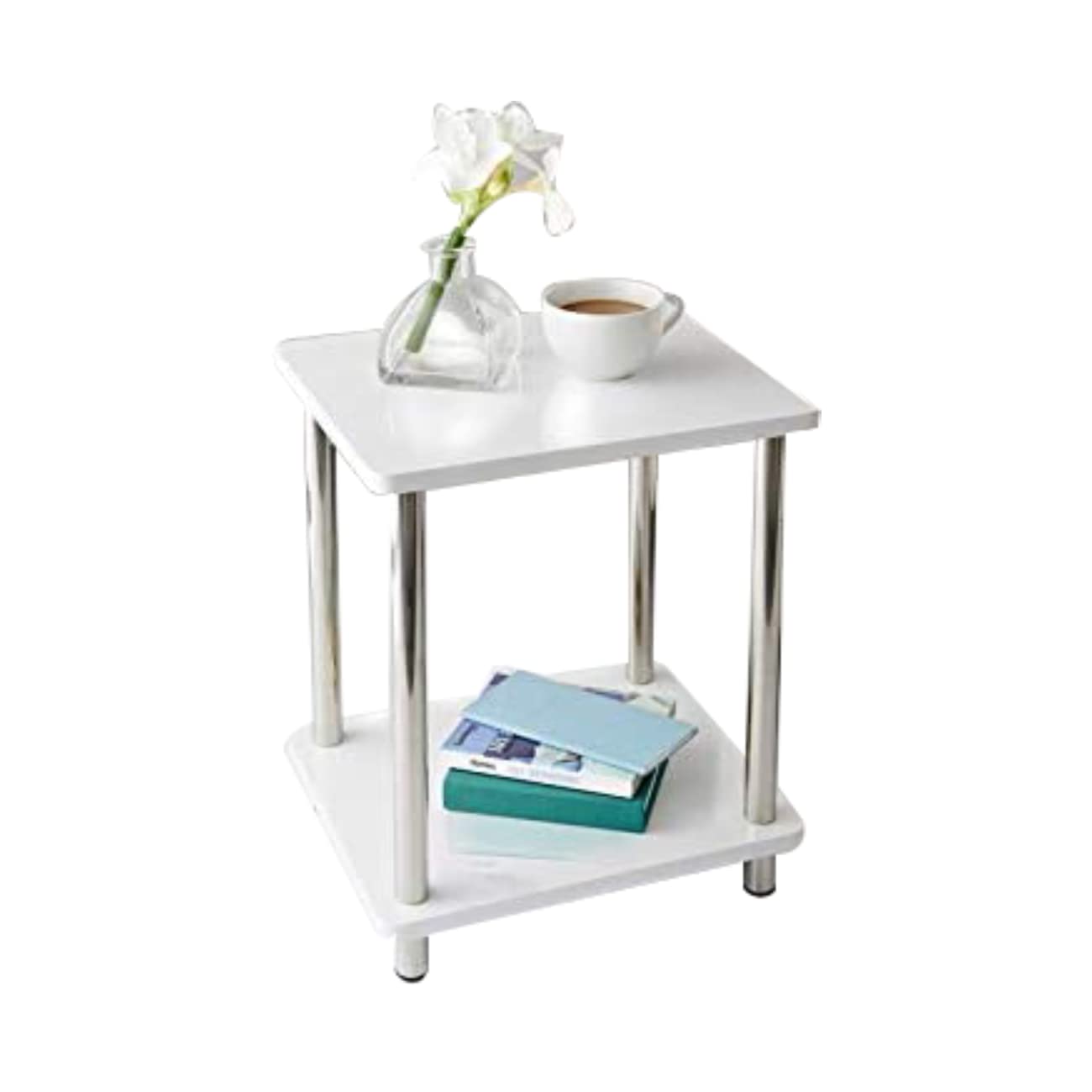 Saxony® Small Side Table Bedside Table 2 Tier Occasional Tables Contemporary Wooden Shelving Nightstand Stainless Steel Legs Living Room Decor Furniture White