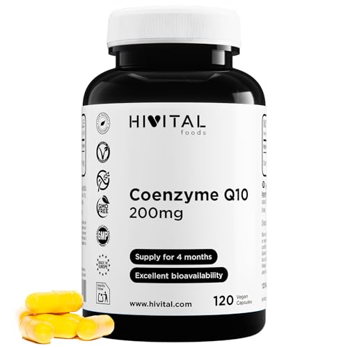 Coenzima Q10 200 mg. 120 cápsulas veganas para 4 meses de tratamiento. CoQ10 Ubiquinona pura 100% Natural obtenida por fermentación. Fabricado en España por HIVITAL