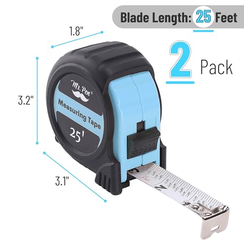 Image of Mr. Pen- Retractable Tape Measure 25 ft, 2 Pack, Sky Blue, Steel Retractable Measuring Tape with Fractions