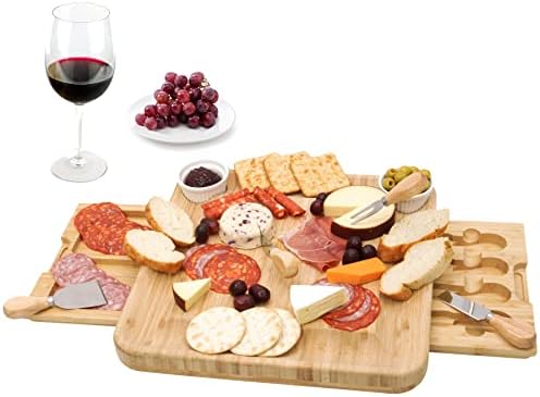 LaDonna Bamboo Cheese Board and Knife Set - Large Charcuterie Platter Board Includes 2 Ceramic Bowls, 4 Cheese Knives, Integrated Drawer, Serving Tray, Wedding Parties & Gift