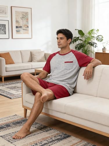 Image of Mens Pajamas Set Modal Soft Pajama Short Set Short Sleeve Pjs Sleepwear 2 Piece Lounge Set With Pockets S-3XL