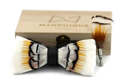 Elegant White & Yellow Scaly-sided Merganser Feather Bow Tie & Lapel Pin Set - Handmade Accessories