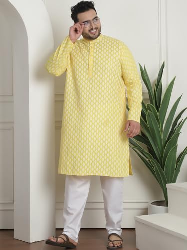 Image of SOJANYA Plus (Since 1958) Men's Cotton Blend Printed Kurta with White Churidar Pyjama
