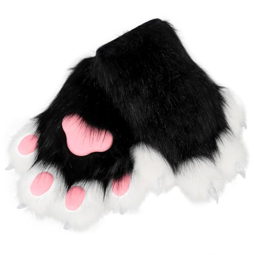 hbbhml Kunstpelz Plüsch pelzige Katze Kralle Handschuhe Fursuit Tier Fuchs Pfoten Fäustlinge Halloween Kostüm Zubehör für Erwachsene