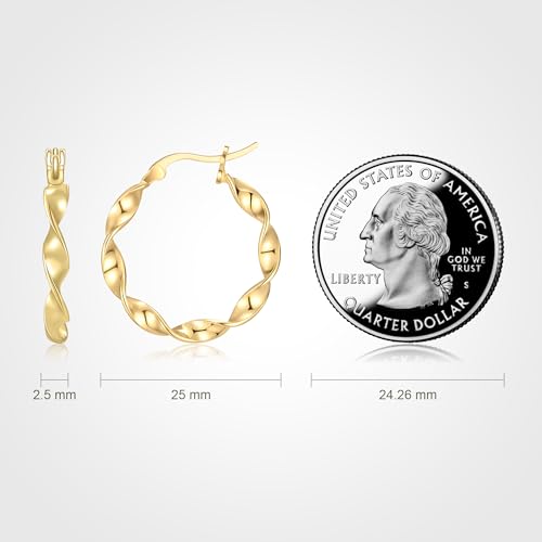 14K Gold Hoop Earrings for Women, 14 Karat Twisted Dainty Gold Hoop Earrings for Women, 14K Solid Gold Plated 925 Sterling Silver, 25mm2