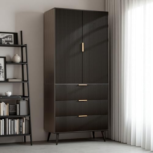 Image of Fluted Tall Cabinet, Kitchen Pantry Cabinet with Adjustable Shelves, Wood Cupboard with 3 Drawers 2 Doors, Mid Century Modern Cabinet for Living Room Dining Room Entryway Office, Black