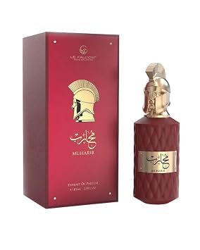 Muharib Extrait De Parfum, Luxury Red Glass Bottle With Gold Warrior Helmet Cap, 85ml