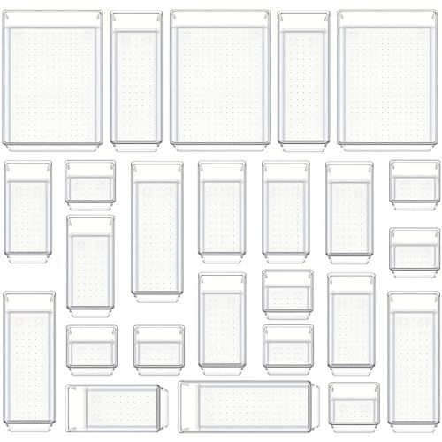 25 PCS Transparent Plastic Drawer Organizer Set, 4 Sizes of Multifunctional Desktop Drawer Organizer, Suitable for Cosmetics Jewelry As Well As small Tools in Bedrooms Bathrooms Kitchens and Offices