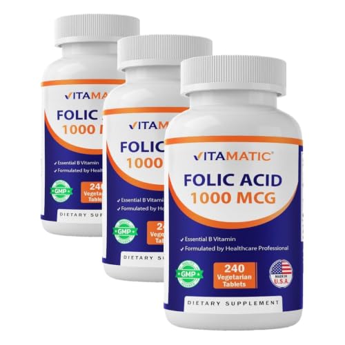 Image of Vitamatic Folic Acid 1000 mcg (1 mg), 240 Vegetarian Tablets | Vitamin B9 (Pack of 3)
