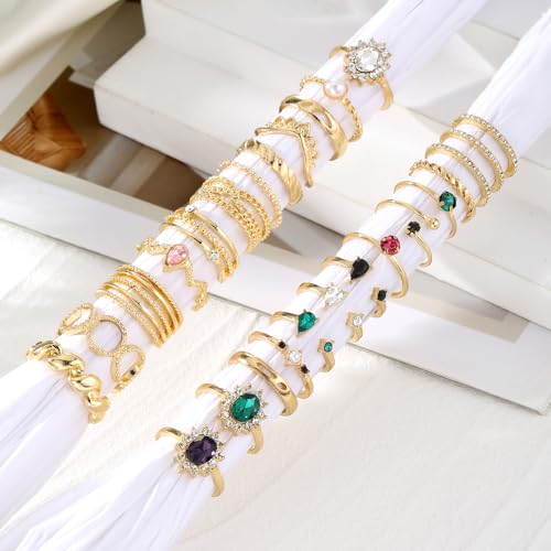 19-36 Pcs Gold Boho Knuckle Rings Set for Women, Vintage Stackable Dainty Joint Finger Gold Jewelry Set with Love Pearl and Sparkling Crystals4