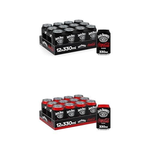 Coca-Cola y Jack Daniel's, Bebida Preparada con 5% de Alcohol- Pack de 12 Latas de 250 ml + Jack Daniel’s & Coca-Cola Zero Azúcar, Combinado con Whiskey, Pack 12 latas de 330 ml