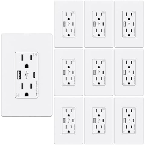 WEBANG USB C Outlet, 25W 4.8 Amp 2-Ports USB Receptacle, 15A Tamper Resistant Wall Outlet with USB C Ports, Screwless Wall Plate Included, ETL Listed, Matte White, 10 Pack Cover