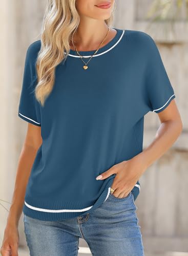 Image of SHEWIN Womens Tops Trendy Short Sleeve Shirts Crewneck Lightweight Knit Sweater Top Business Casual Outfits