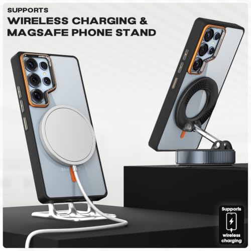 Image of Pikkme Back Cover for Samsung Galaxy S25 Ultra 5G | Shockproof | Mag-Safe Compatible | Hard Transparent Back | Premium Raised Camera Protection | Bumper Case (Black & Orange Mag-Safe)