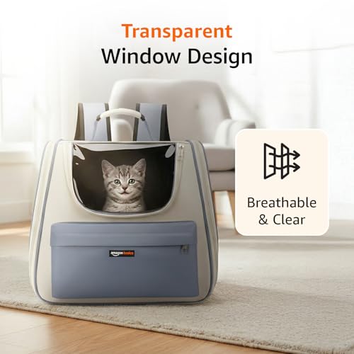 Image of Amazon Basics Cat Carrier Bag | Lightweight Soft-Sided Pet Travel Carrier with Transparent Window & Ventilated Fabric | Portable Hand & Shoulder Carry Bag for Cats & Small Pets | Blue