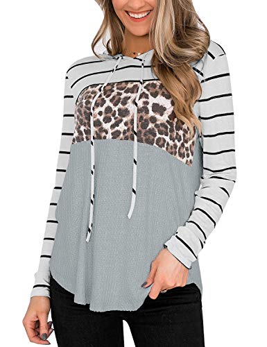 luvamia Women's Casual Leopard Print Color Block Sweatshirts Long Sleeve Hooded Pullover Tops Grey Size X-Large