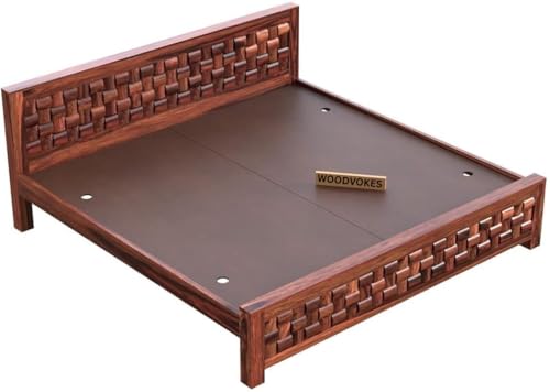Image of Sheesham Wood Bed Without Storage Solid Wooden Cot Bed Elegant and Functional Bedroom Living Room Home (Dark Mahogany Finish, King)