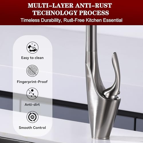 Image of sumerain Brushed Nickel Single Handle Pull Out Kitchen Faucet, Stainless Steel 1 Hole Kitchen Sink Faucet with Pull Down Sprayer