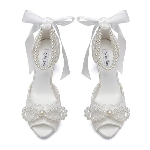 Image of Lace Pearl Wedding Shoes for Bride High Heel Bridal Shoes Peep Toe Platform Wedding Heels