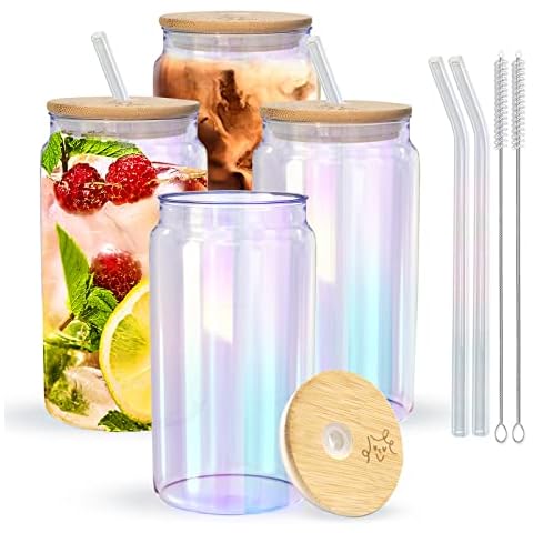 Juego de 4 vasos Kenvilo con tapas de bambú y pajita de vidrio Cover