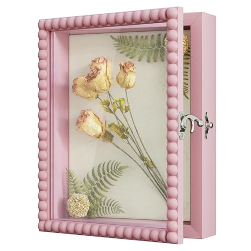 Love-KANKEI Shadow Box Frame 8x10,Wood Deep Shadow Box Display Case with Unique Beads Door and Glass Window, Memory Box Gift for Pictures,Medals,Memorabilia,Collections Pink
