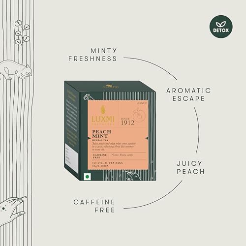 Image of Luxmi Estates Peach Mint Herbal Tea, 25 Biodegradable Tea Bags (50g, 1.76oz) | Caffeine-Free Fruit Herbal Infusion with Real Peach Bits, Hibiscus, Spearmint, Cinnamon, Ginger, Licorice, Orange Peel, Cardamom & Dandelion, Vegan