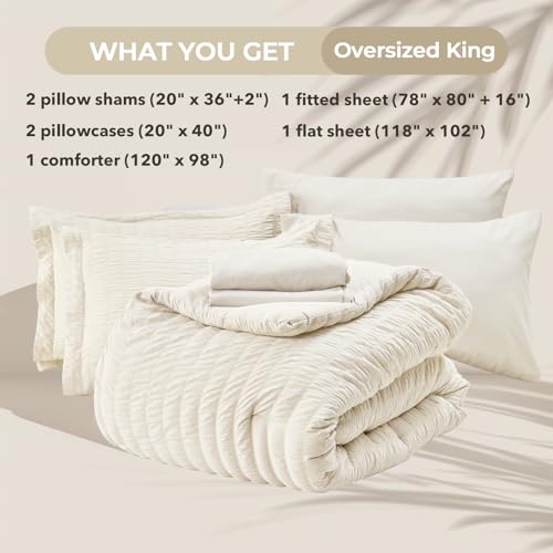 Image of HYMOKEGE Ivory Oversized King Comforter Set Seersucker 7 Pieces, All Season Luxury Bed in a Bag for Bedroom, Bedding Set with Comforter, Sheets, Pillowcases & Shams