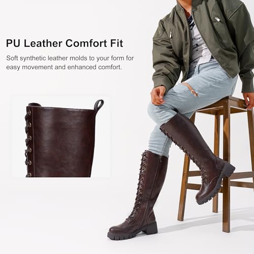 Image of Vepose Women's 953 Knee High Combat Boots Chunky Platform Heel, Lace Up Gothic Punk Work Boots for Dresses and Jeans