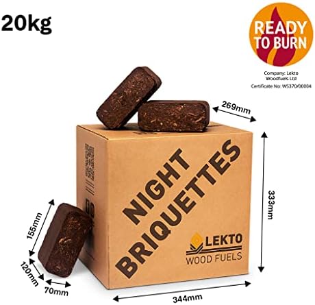 Lekto Woodfuels Night Briquettes - 20kg (20 Briquettes), Up to 8 Hour Slow Burn | Ideal for Wood Stoves, Log Burners, Sheltered Fire Pits & Chiminea | Eco Friendly Compressed Wood Fire Bricks