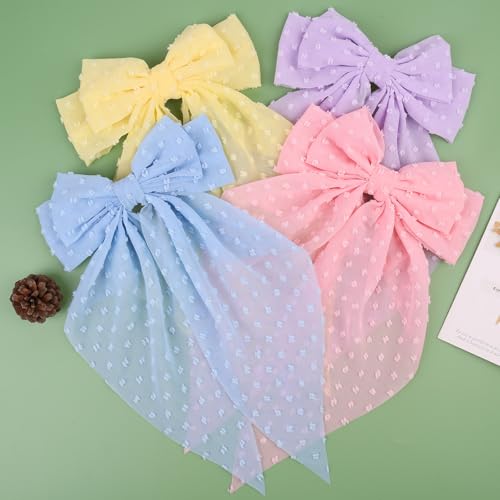 MRJ 4Pcs Chiffon Hair Bows for Women Big French Bows Hair Clips for Girls Hair Accessories Barrettes Metal Clips Bowknot Aesthetic